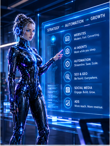 Elara, EvoDigital's AI Business Partner, full figure, standing beside a Strategy, Automation, Growth services board