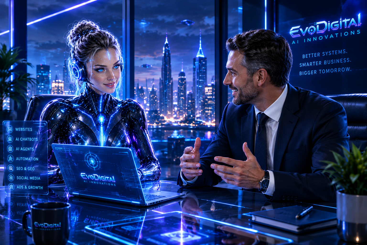 Elara, EvoDigital's AI business partner, in conversation with a business owner across a desk, with a city skyline behind them and a panel listing websites, AI chatbots, AI agents, automation, SEO and GEO, social media, and ads and growth