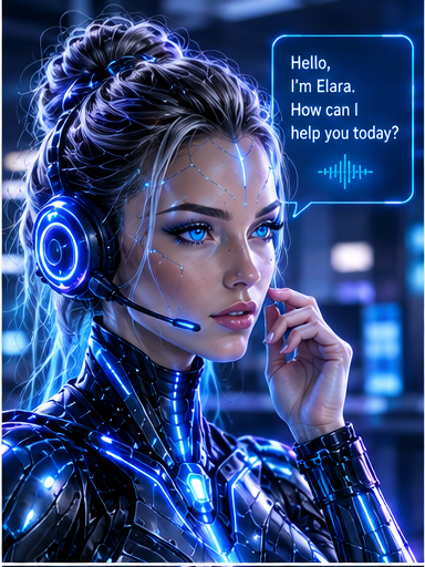 Elara, EvoDigital's AI receptionist, wearing a headset with a chat bubble reading Hello, I'm Elara. How can I help you today?