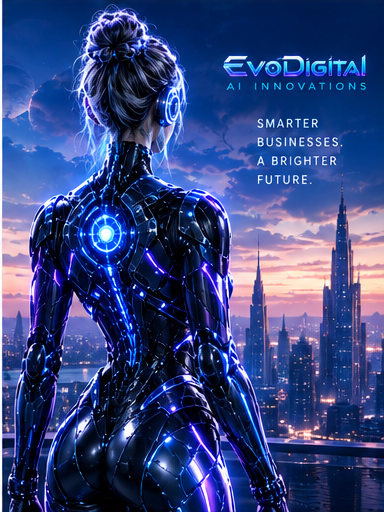 Elara, EvoDigital's AI business partner, looking out over a city skyline representing the bigger picture of business growth