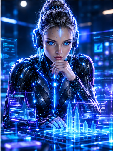 Elara, EvoDigital's AI business partner, at a desk with a holographic city and systems dashboard rising in front of her