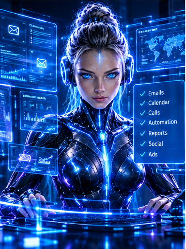 Elara, EvoDigital's AI business partner, at a workstation surrounded by dashboard screens showing emails, calendar, calls, automation, reports, social and ads