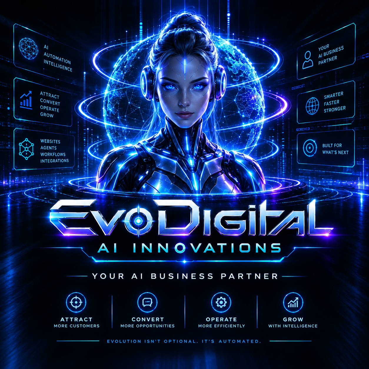 EvoDigital AI Innovations. Elara, your AI business assistant, stands at the centre of a glowing holographic globe. Left panels read: AI Automation Intelligence; Attract Convert Operate Grow; Websites Agents Workflows Integrations. Right panels read: Your AI Business Partner; Smarter Faster Stronger; Built For What's Next. Below the EvoDigital logo, four pillars read: Attract more customers, Convert more opportunities, Operate more efficiently, Grow with intelligence. Tagline: Evolution isn't optional, it's automated.